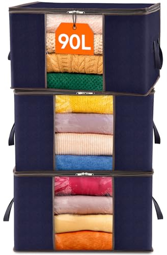 Lifewit 95L Clothes Storage Bags Large Storage Box With Lid Packing Boxes for Moving House With Reinforced Handle Thick Fabric Clear Window for Clothes Duvet Blankets Bedding, 3 Pack, Blue