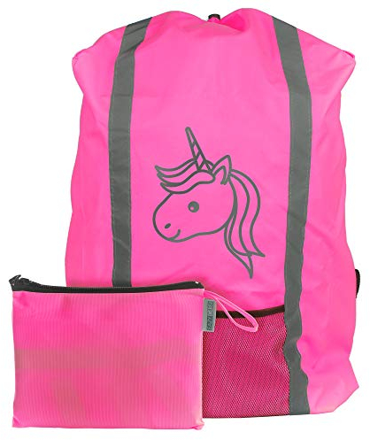 EAZY CASE Rucksack Schulranzen Regenschutz, Schutzhülle mit Reflektorstreifen, Regenüberzug, Regenschutzhülle wasserabweisend mit Reflektor und Tasche, mehr Sicherheit im Straßenverkehr, Einhorn Pink