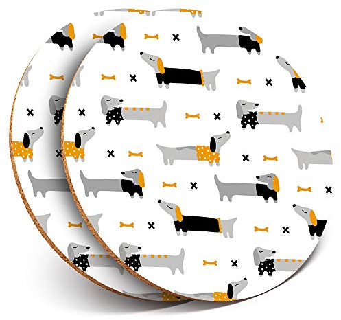 2 x Round Coasters - Dachshund Sausage Dog Drawings - Cork Backed Home Kitchen Accessory Tea Coffee Mug Mat #21806