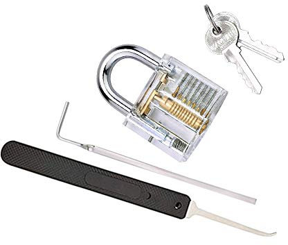 Loboo Idea 2 Stück Premium Praxis Lock Picking Tool mit transparentem Schloss, einschließlich einem Lockpick Haken, einem Dietrich-Spannschlüssel und einem Vorhängeschloss für Anfänger und Pro