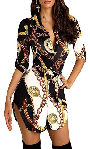 Minetom Mini Kleider Damen 3/4 Ärmel Sexy Blusenkleid Tunikakleid Wickelkleider Shirtkleid V-Ausschnitt Drucken Tasten Hemdkleid Mit Gürtel Weiß 36