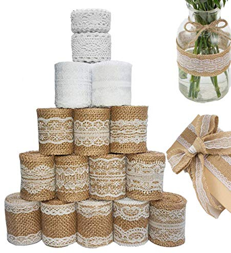 16 Rolle Juteband mit Spitze, 12M Juteband Vintage Spitzenband + 13M Spitzenband weiß, Spitze Selbstklebend, Spitzenbordüre Dekoband für Geschenkverpackung Handwerk Hochzeit DIY Basteln