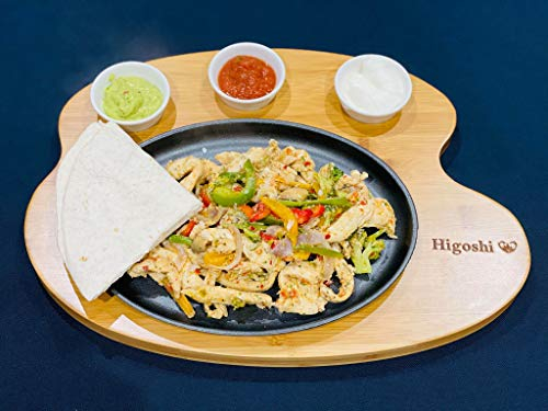 Amania Trading Ltd 1 x Higoshi Fajita Serving Board with Sizzling Cast Iron Platter & 4 Ceramic Ramekins for Fajitas