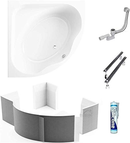 ECOLAM Baignoire d'angle asymétrique Standard 150x150 cm + boîtier universel en polystyrène | siphon et silicone