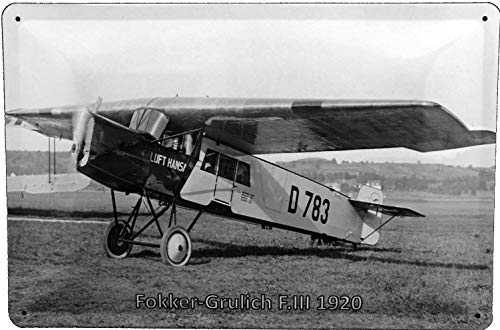 Blechschild 20x30 Flugzeug Fokker F3 der Lufthansa aus den 1930er Jahren im Retro Nostalgie Vintage Design Fliegen Reisen Urlaub