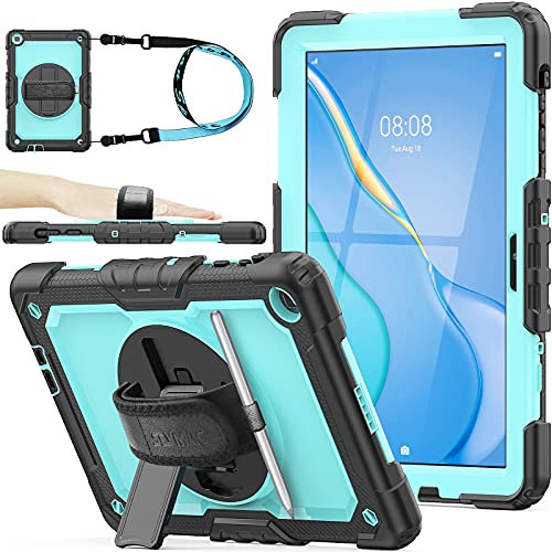 SEYMAC stock Funda para Huawei MatePad T10 9.7'' y T10s 10.1'' 2020, Funda Resistente con Protector de Pantalla [Soporte Giratorio 360] Correa de Mano para Huawei MatePad T 10 / T 10s (Azul Claro)