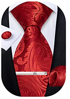 DiBanGu Mens Tie Silk Red Paisley Necktie and Pocket Square Cufflinks Tie Clip Set Classic Formal Ties for Wedding Party