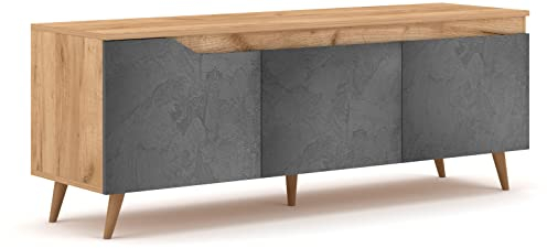 Domando Lowboard Syrakusa Skandinavisch für Wohnzimmer Breite 140cm, Massive Buchefüße, Eiche Gold und Beton Grau