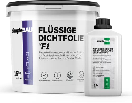 simpleBAU F1 Dichtset Flüssigdichtfolie 15kg Flüssigfolie gebrauchsfertig + Grundierung 1L zum Abdichten von Bädern, Küchen, Kellern, Garagen