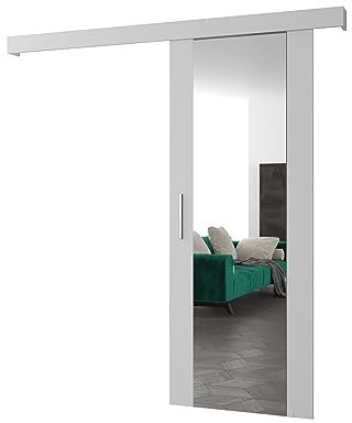 Ensemble Porte coulissante avec miroir + rail - Kit Porte Suspendue interieur et Quincaillerie Sliding Barn Door - 90x204cm - AGRA II (Avec Système Soft-Close, Blanc, poignées en argent)