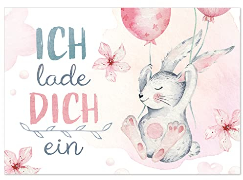 8 Einladungskarten Kindergeburtstag mit Umschlägen, Aquarell Hase niedlich rosa, Karte Geburtstag Einladung zum Ausfüllen
