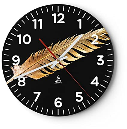 Modern Wanduhr Golden Feder Schwarz 40x40cm Rund Groß Wand Uhr Glas Analog Zimmeruhren Küche Büro Wohnzimmer Glasuhr Wall Clock Dekoration Design Wanddekoration Küchenuhr C4AR40x40-4887