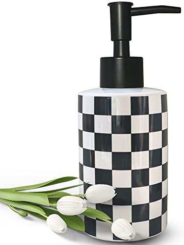 Badezimmer Seifenspender mit Mattschwarzer Pumpe Weiß Keramik Seifenspender für Küche Schachbrett Leere Pumpflasche (Schwarz)