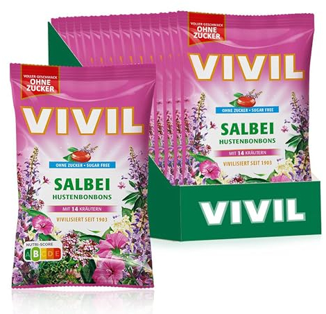 VIVIL Salbei mit 14 Kräuter, 15 Beutel, Hustenbonbons mit Salbeigeschmack, zuckerfrei & vegan, 15 x 120g