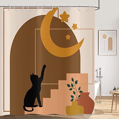 Hnmdmyi Duschvorhang Boho 180x180, Mid Century Abstrakte Schwarze Katze Mond Sterne Terrakotta Pflanze Badewanne Vorhang Modern Minimalistisch Geometrisch Ästhetisch Kunst Badevorhang mit Haken