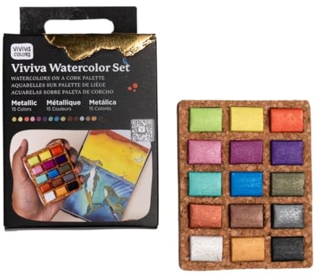 Viviva VV276052 Watercolour Paint Set, 15 Lightfast and Vivid Colours in Bowls on Cork Palette for Outdoor and Travel, Handmade - 15 Metallic Colours
