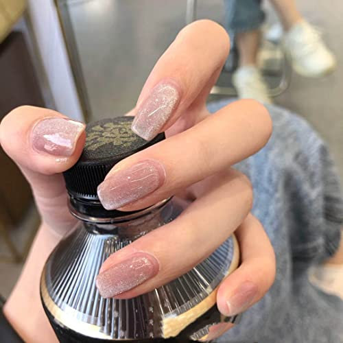 Clataly 24 Pcs Cat's Eye Powder Fake Acrylic Press on Nails Funny Nude Pink False Full Cover Nails for Women and Girls