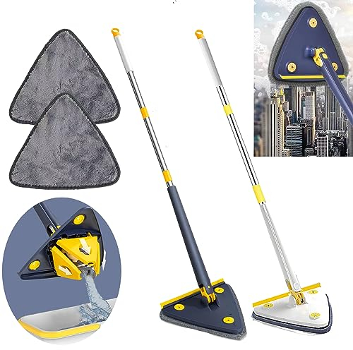 Hooha Fensterwischer Wischmopp Mit Auswringfunktion Und Abzieher Set Langer Glas Fensterreiniger mit Verlängerungsstange 127cm,für hohe Fenster im Innen (Blau)