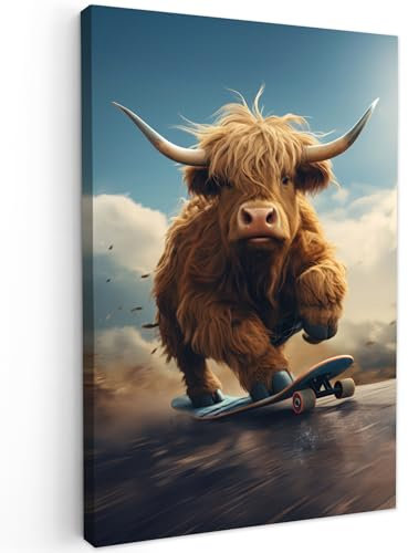 MuchoWow© Bild auf Leinwand Groß 80x120 cm XXL Schlafzimmer Bilder Wand Deko Wohnzimmer Modern Wanddeko Bilderwand Geschenk Schottische Hochlandrind - Kuh - Highland Cow - Hörner - Skateboard