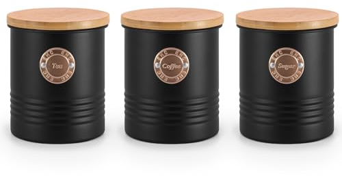EHC Tea Coffee Sugar Cainsters Set Black, Airtight Container Jars Kitchen Storage Tin, Tea Sugar Coffee Set of 3, Black