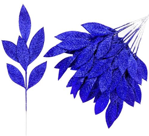 VEYLIN Christmas Blue Glitter Bay Leaf, 12Pcs Artificial Christmas Tree Picks Sprays for Christmas Tree Wreath Swag Floral Arrangement Bouquet Decoration(Blue)