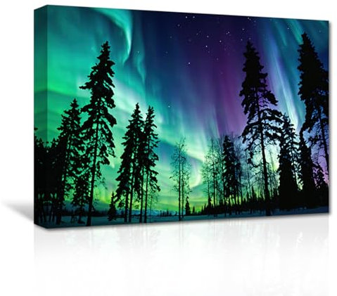 CXHOSTENT Aurora Leinwand Wandbilder 5 Panel Nordlichter Drucke Gemälde Wald Bäume Landschaft Kunstdrucke Großes grünes Kunstwerk (B, 30.00 x 45.00 cms)