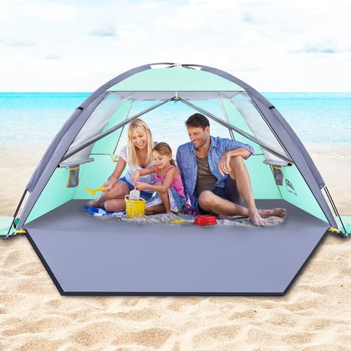 Happy Travel Tente de plage, protection UV UPF 50+, abri pare-soleil pour 3/4/5/6/7/8 personnes, auvent de plage portable pour famille et bébé, léger et facile à installer avec 3 fenêtres en maille de