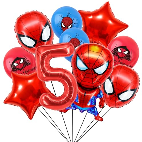 Geburtstagsdeko 5 Jahre Junge, Spiderm Luftballons und Ballon Geburtstag Deko Themenparty Junge, Rot Nummer 5 Ballons Kindergeburtstag Deko Latexballon und Folienballons für Happy Birthday Banner
