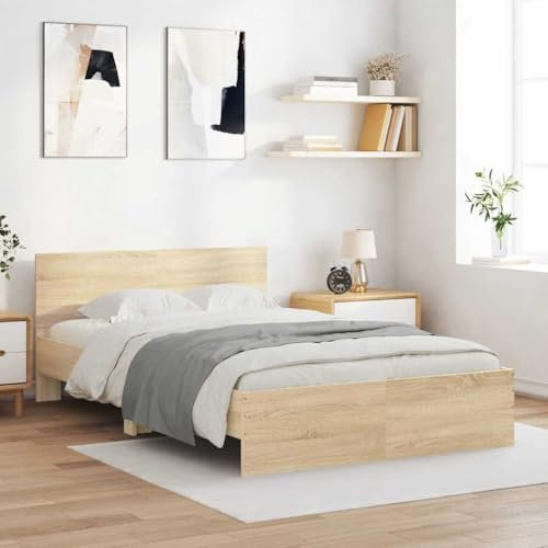 vidaXL Sonoma Oak Double Bed Frame - Engineered Wood 135x190 cm with Plywood Slats & Integrated Headboard for Bedroom