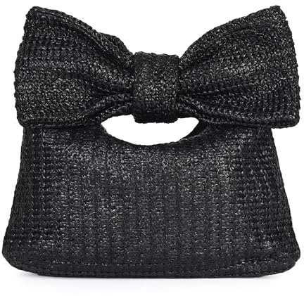 Carfond Modische Clutch mit Schleife für Damen, handgefertigte Stroh-Handtasche für Fotos, Party, Hochzeit, Abschlussball, Club, Schwarz
