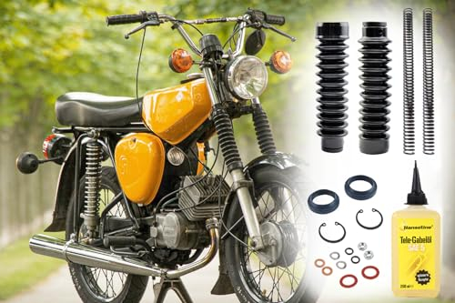 Telegabel Reparaturset 2x Druckfeder verstärkt 3,4mm, 2x Faltenbalg, Öl, Simmerringe, Normteile für Simson S50 S51 S70 S53 S83, 19-teilig