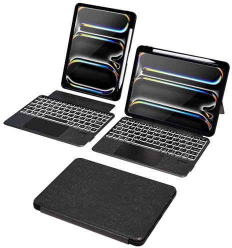 Doohoeek Hülle mit Tastatur für iPad Pro 11 Zoll (M4) 2024, Bluetooth abnehmbar QWERTZ Keyboard Folio mit Verstellbar Ständer, Multi-Touch Trackpad, 7-Farbige Hintergrundbeleuchtung