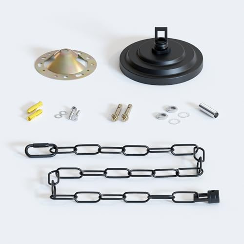 DC VOLTAGE Ceiling Rose Chain Kit for Pendant Light, Black Metal 80cm | Vintage brass canopy, quick-link carabiner, wall plugs & screws, hook fitting chandeliers, lampshades & hanging fixtures