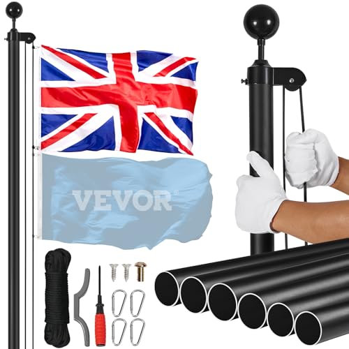 VEVOR 30FT Detachable Flagpole Kit, Heavy Duty Aluminum Alloy Flag Pole Kit in Ground for Outdoor, 3 Display Modes Flagpole with Professional Accessories, British Flag, Black
