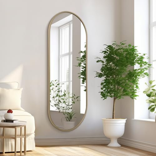HLFMVWE Großer ovaler Ganzkörperspiegel, Pillenform, länglicher Badezimmer-Wandspiegel, Rahmen aus Metall-Legierung, moderne einfache Heimdekoration für Wohnzimmer, Schlafzimmer, 120 x 40 cm, Messing