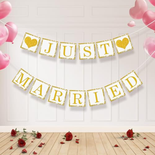 Koliphy Just Married Girlande, Papier Banner Deko für Hochzeit Fest, Liebesgeständnis, Valentinstag, Heiratsantrag, Brautdusche & Junggesellinnenabschied Dekoration (Gold)
