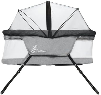 Asalvo Trip Natura Berceau pour bébé, design moderne, côtés ventilés, moustiquaire, déhoussable, pour dormir près du bébé, gris