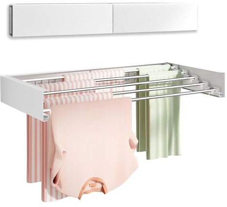 Crevyteg Wäscheständer Wandmontage, 80 cm Ausziehbarer Edelstahls Wäschetrockner Wand mit 5 Stangen, Klappbar Platzsparend Wäscheständer Handtuch-Trockenständer für Waschraum Balkon