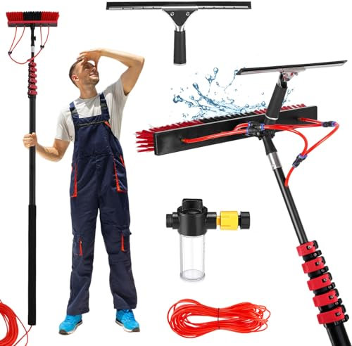 YFSMBD Kit Pulizia Pannelli Fotovoltaici Telescopica 3.6-10.8M, con Dosatore di Sapone e Tergivetro, Spazzola per Pannelli Solari Lavavetri, Scopa per Lavaggio Finestre Tetti (35cm Spazzola,6M)