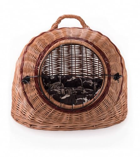 Wiklinowy Świat - Weidenkorb Katzenhöhle mit Kissen – Handgefertigter Weidentransportkorb für Katzen & kleine Hunde – Natur-Weide Katzenkorb mit Metallgitter - 50x40x45cm - Braun mit Schnörkelmuster