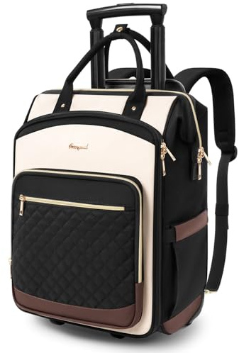 Rolling Backpack for Women, Travel Backpack with Wheels, Dual-Opening Wheeled Laptop Backpack, Stylish Rolling Laptop Bag, Overnight Underseat Carry on Luggage for College Business Work, Beige Brown