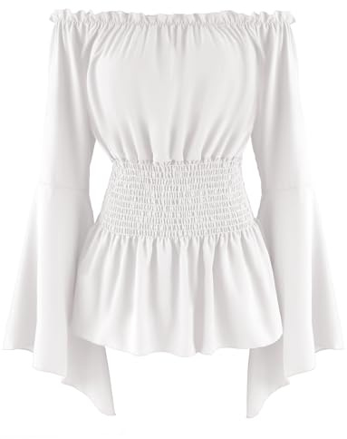 AIEOE Blouses for Women Off The Shoulder Renaissance Tops Medieval Pirate Shirt Gothic Long Sleeve White M