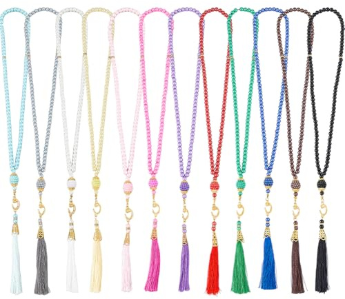 DICOSMETIC 12 Stück 12 Farben Islamisches Rosenkranz Halskette Glas Tasbih Gebetsperlen 99 Gebetsperlen Halskette Mit Goldener Fischhaken Charme Und Quaste Religiöses Geschenk Für Frauen Männer 43cm