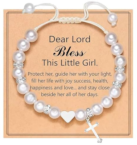 White Shell Pearl Bracelet with Cross Christening Gifts for Girls Women | Adjustable Cross Beaded Bracelets with Bless Card First Holy Communion Bracelet Baptism Gifts for Birthday Wedding Christmas