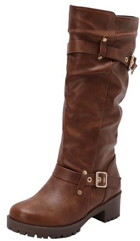 XIEPP Botas de tacón de bloque para mujer, botas de punta redonda y botas altas hasta la rodilla para trajes casuales