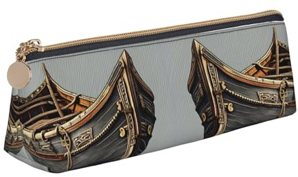 njkhbolk Old Viking Boats Print Triangle Leather Stationery Storage Bag,Zipper Pen Case for Pencils,Pens,Makeup