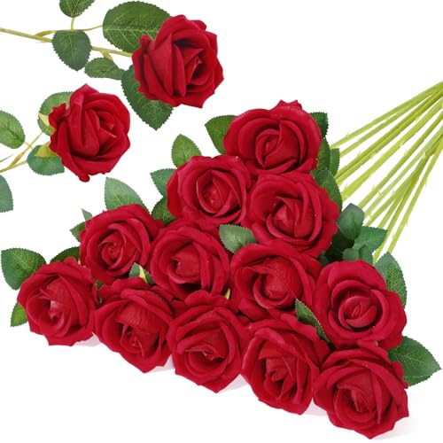 Lifewit 12 Pezzi di Rose Artificiali, Fiori di Seta Classiche con Manico Lungo, per DIY Bouquet di Matrimoni/Spose, Decorazioni da Tavola/San Valentino/Feste/Casa, Realisticamente Morbido, Rosse