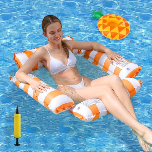 HOWAB Colchoneta Piscina Adultos Inflable, 4 en 1 Hamaca de Agua | Hamaca Flotante Piscina con Bomba y Flotador Inflable Posavasos para Bebidas, Flotadores Piscina para Juegos de Agua