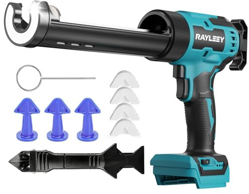RAYLEEY Akku Kartuschenpistole für Makita 18V, Elektrische Silikonpistole mit 6 Geschwindigkeiten & LED, Tropf-Stopp, 9-teiliges Fugenentferner-Set für Bad Abdichten,Verfugen und Montage (Ohne Akku)