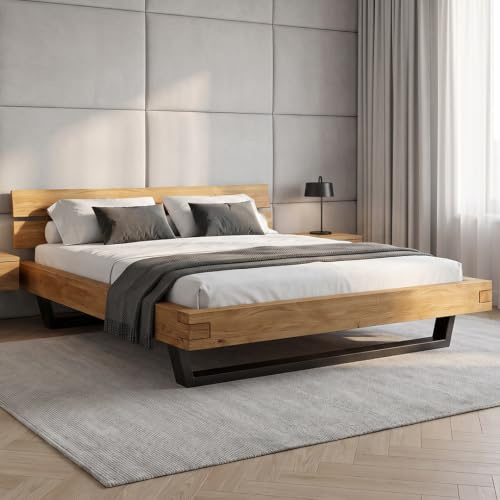 skølm Hervar Massivholzbett aus Wildeiche 180x200 cm – hochwertiges Bettgestell mit Metallkufen – massives Holzbett mit Bettkopf – Bettrahmen geeignet als Doppelbett – Balkenholz Bett